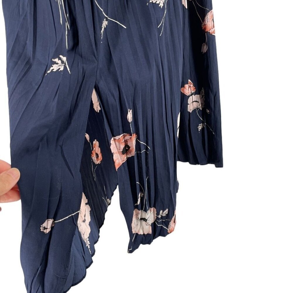 Vince Navy Tossed Poppy Printed Pleated Sleeveless V-Neck Crepe Midi Dress XS - Picture 4 of 10